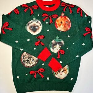 Festive Ugly Christmas Sweater Cat Ornaments Womens sz medium Crazy Cat Lovers